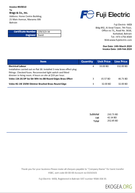 Modèle de facture de services publics d'électricité de Bahreïn Falcon Electrical S.P.C au format Word et PDF